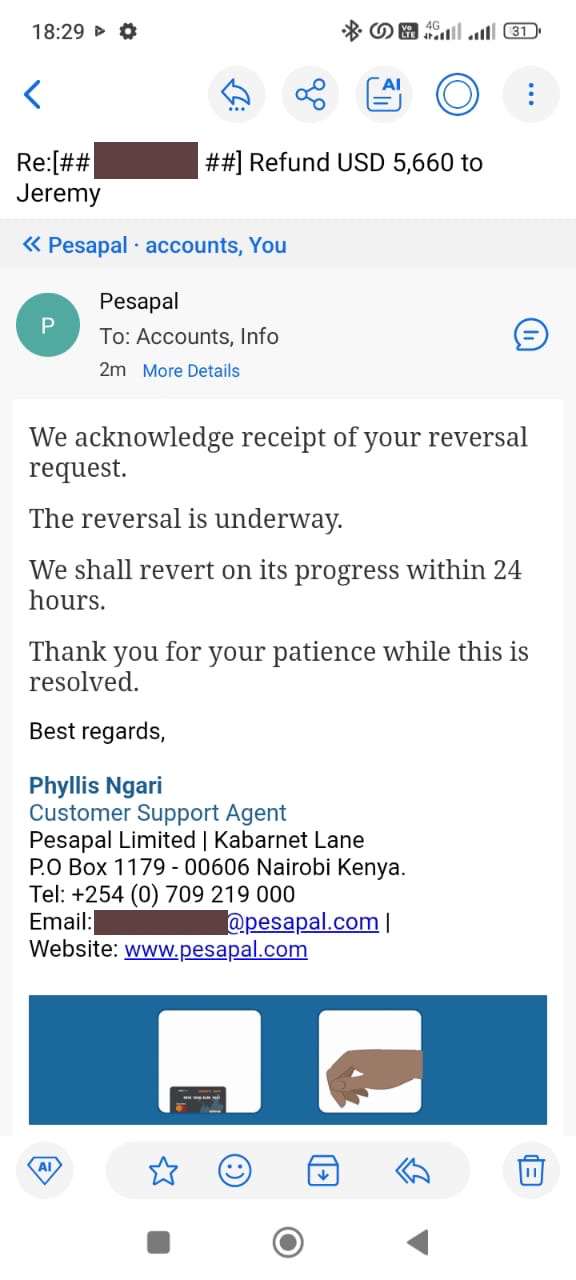 PesaPal email confirming refund